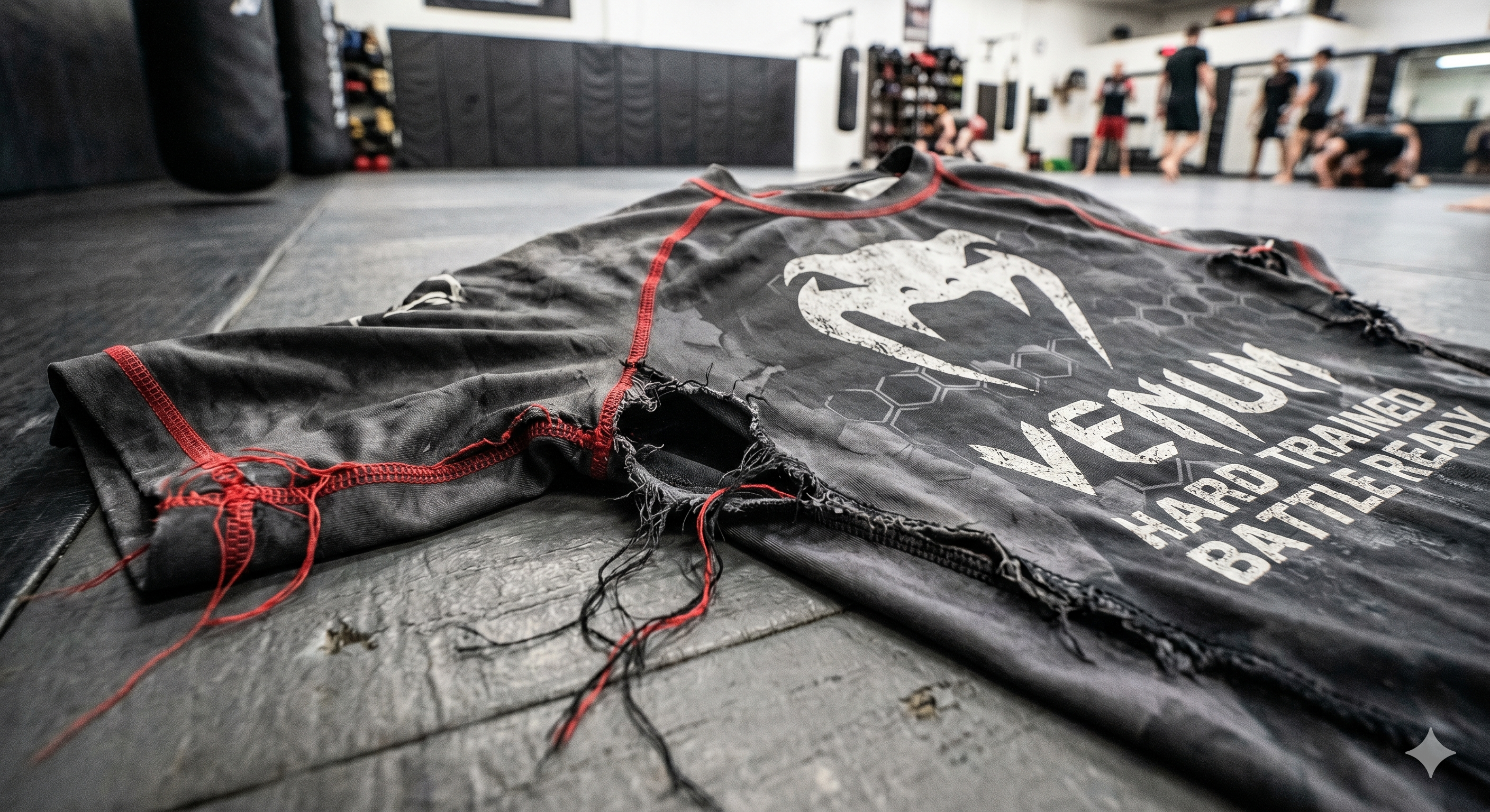 Rashguard déchiré et usé sur le tatami