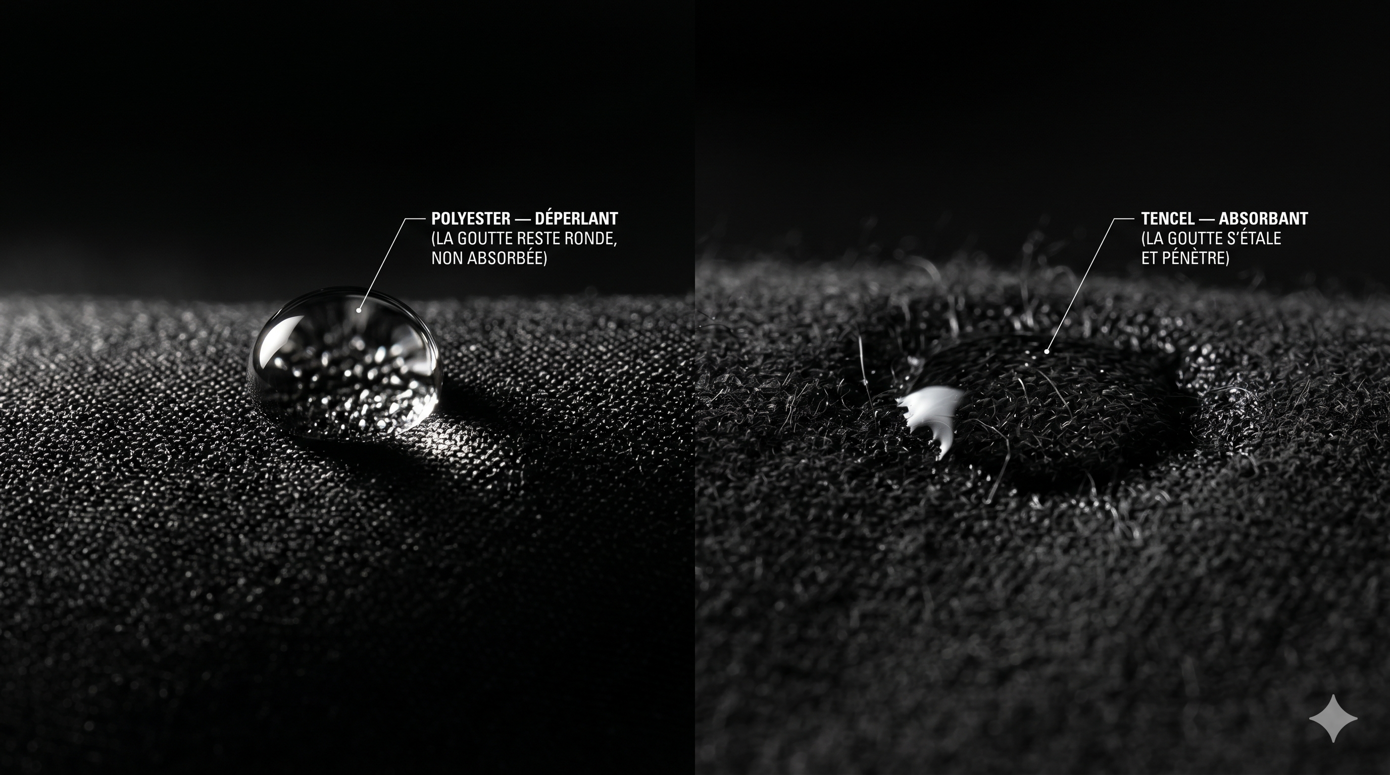 Polyester déperlant vs TENCEL absorbant, test de la goutte