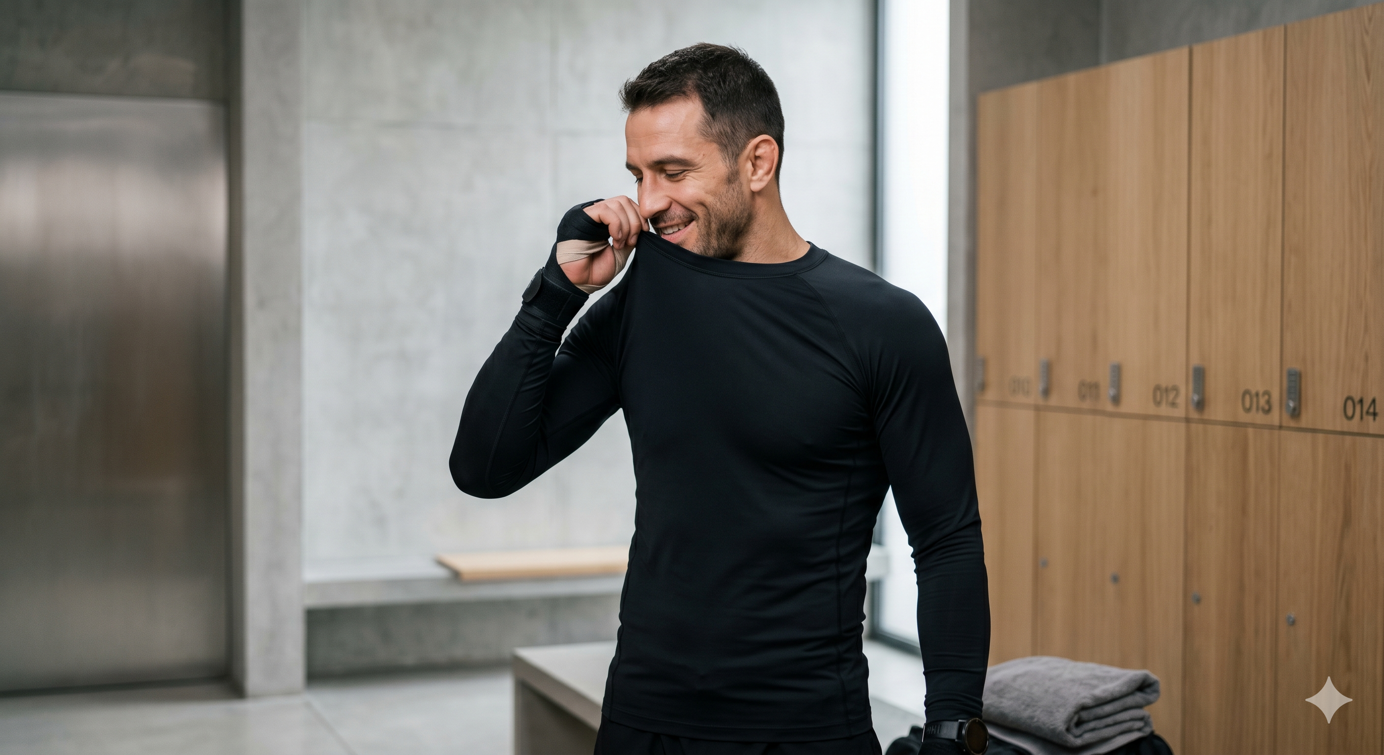 Sportif dans vestiaire sentant son rashguard AZEL sans odeur